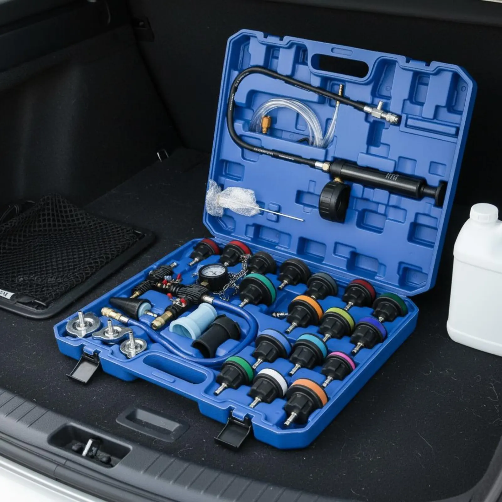 28 Pieces Coolant Pressure Test Set Color-Coded Adapters Car Leak Tester Kit Vacuum Cooling System Tester Molded Carrying Case
28 Pieces Coolant Pressure Test Set Color-Coded Adapters Car Leak Tester Kit Vacuum Cooling System Tester Molded Carrying Case
