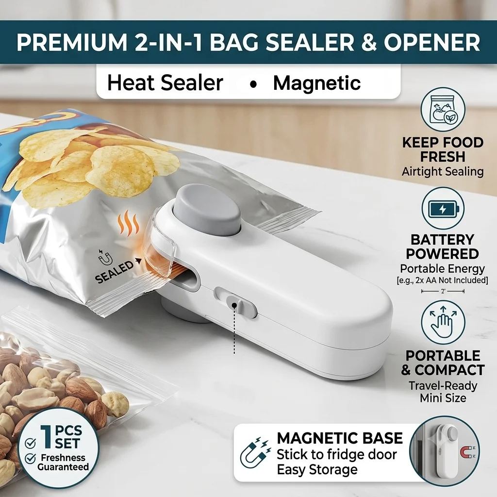 Mini Heat Bag Sealer 2 In 1 Battery Powered Portable For Plastic Food Snacks Packaging Storage Kitchen Magnetic sealing machine
Mini Heat Bag Sealer 2 In 1 Battery Powered Portable For Plastic Food Snacks Packaging Storage Kitchen Magnetic sealing machine