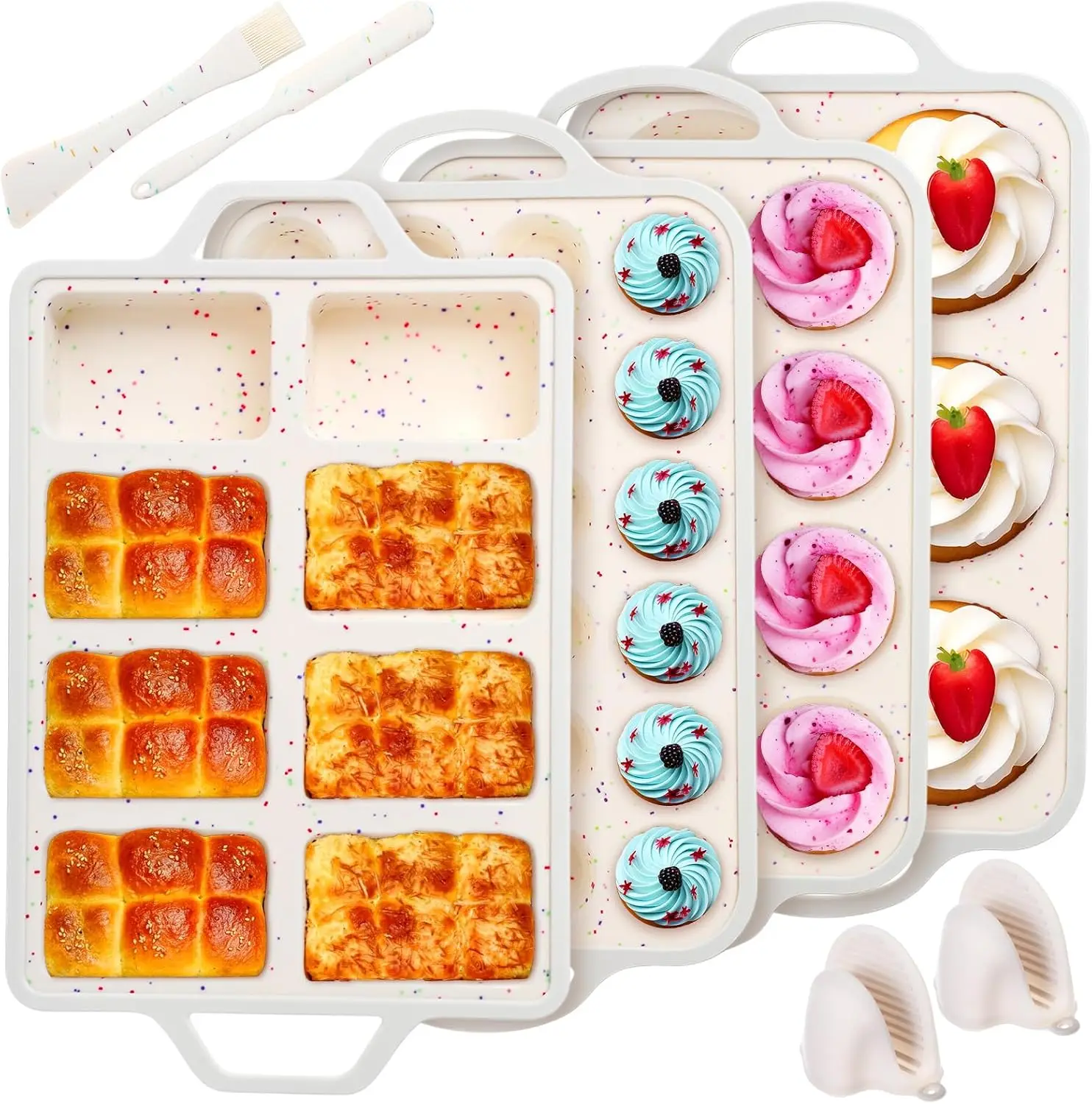 7-Piece Silicone Baking Set: Loaf, Muffin, Mini Muffin, Round Pan, Spatula, Brush, Mitts - Confetti Design
7-Piece Silicone Baking Set: Loaf, Muffin, Mini Muffin, Round Pan, Spatula, Brush, Mitts - Confetti Design