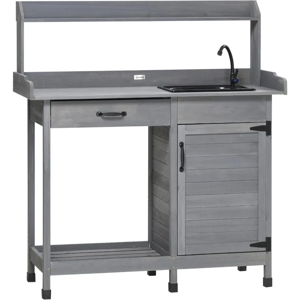 Potting Bench Table with Sink, Outdoor Work Bench Table with Storage Cabinet, Hooks, Removable Sink, Faucet and Drawer for Gree
Potting Bench Table with Sink, Outdoor Work Bench Table with Storage Cabinet, Hooks, Removable Sink, Faucet and Drawer for Gree