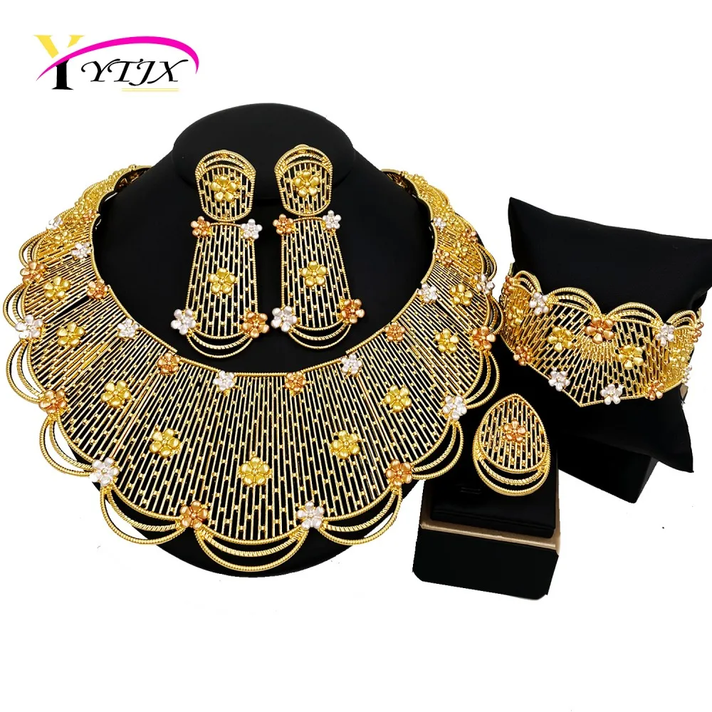 YTJX 4 Pcs African Nigeria Big Jewelry Set For Bridal Wedding Gifts 18K Gold Plated Large Necklace Wide Bracelet Drop Earring
YTJX 4 Pcs African Nigeria Big Jewelry Set For Bridal Wedding Gifts 18K Gold Plated Large Necklace Wide Bracelet Drop Earring