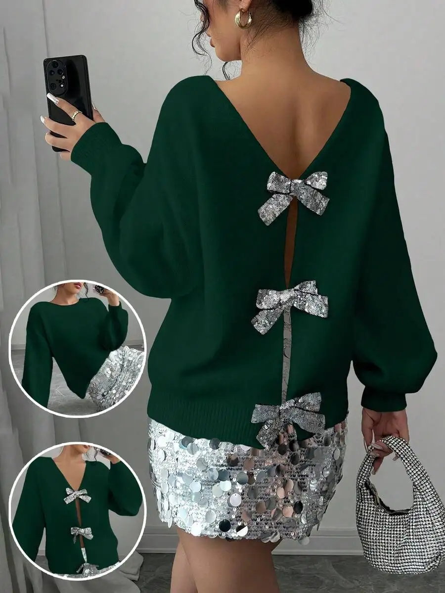 Green V-Neck Sequined Bow Backless Women Sweater For Party Holiday Autumn Winter
Green V-Neck Sequined Bow Backless Women Sweater For Party Holiday Autumn Winter