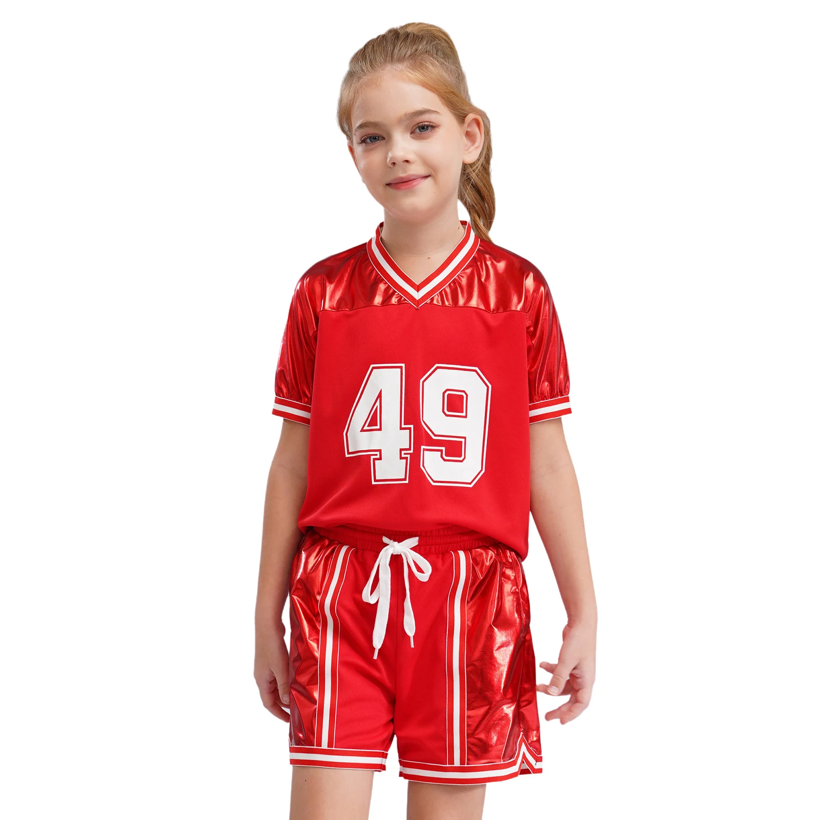 Girls Basketball Clothing Metallic Patchwork Sports Tracksuit Short Sleeve Number Printed T-shirt with Short Athlete's Sport Set
Girls Basketball Clothing Metallic Patchwork Sports Tracksuit Short Sleeve Number Printed T-shirt with Short Athlete's Sport Set