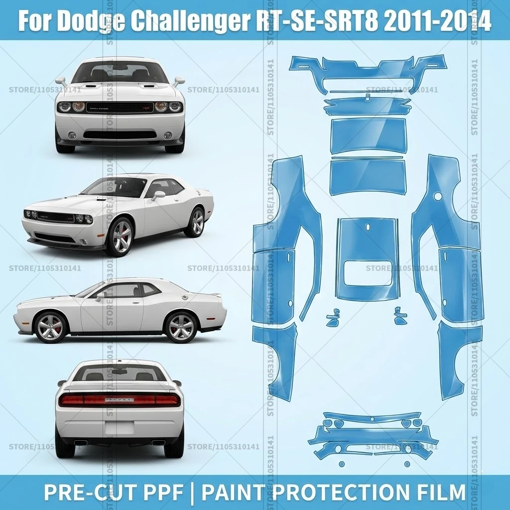 Для Dodge Challenger RT-SE-SRT8 2011-2014: Предварительно вырезанная прозрачная защитная пленка (PPF) для автомобиля, полный комплект для всего кузова
Для Dodge Challenger RT-SE-SRT8 2011-2014: Предварительно вырезанная прозрачная защитная пленка (PPF) для автомобиля, полный комплект для всего кузова