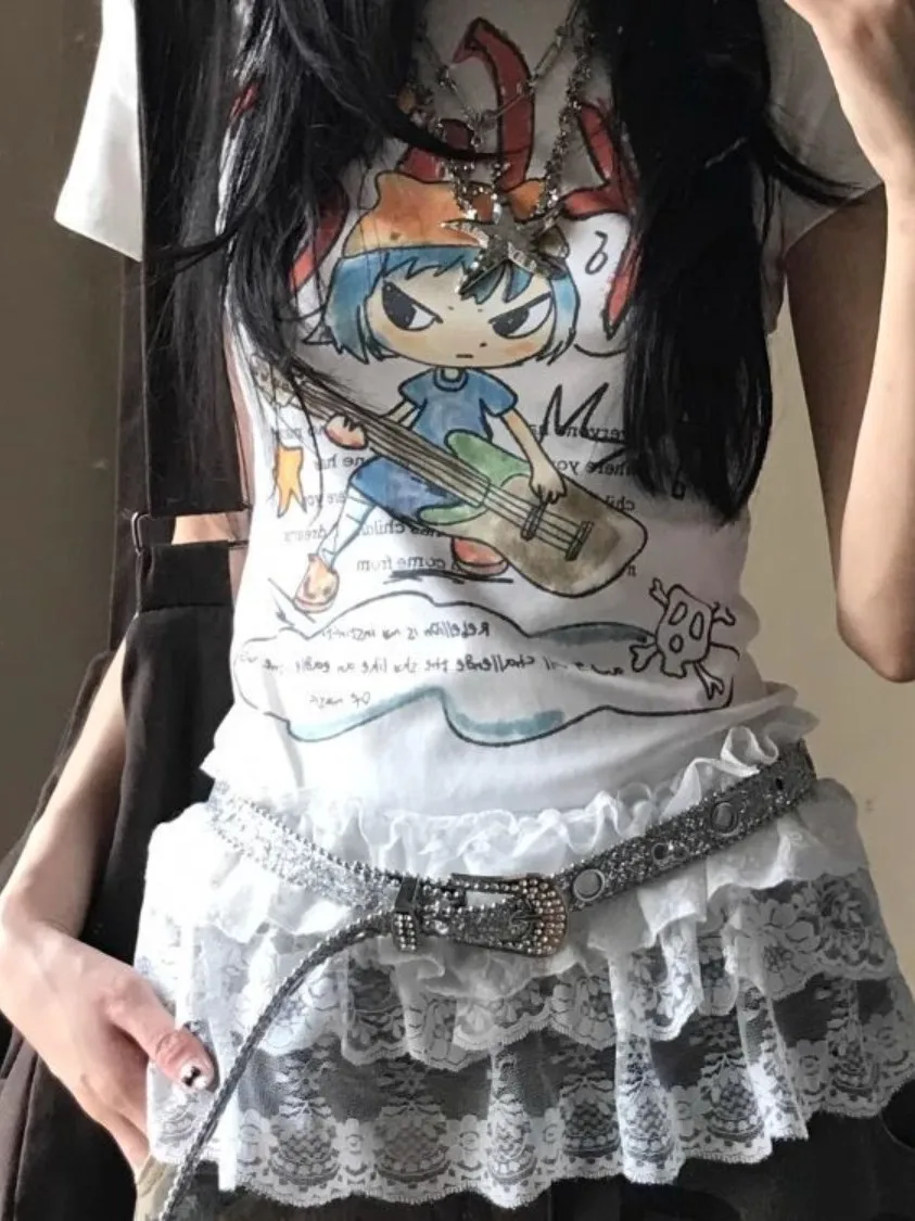 American Style Spicy Girl Short Sleeve White Slim Fit Summer Cartoon Graffiti Print Top Korean Style Regular Length Inner Wear
American Style Spicy Girl Short Sleeve White Slim Fit Summer Cartoon Graffiti Print Top Korean Style Regular Length Inner Wear
