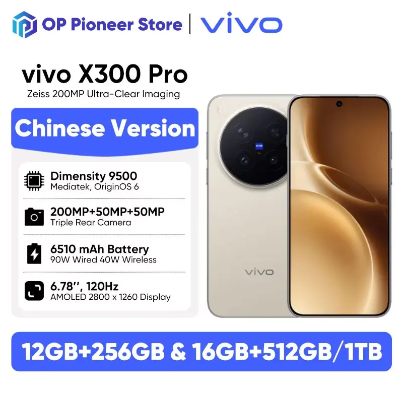 Vivo X300 Pro 5G smartphone android MediaTek Dimensity 9500 200MP Zeiss APO Super Telephoto Lens 6.78”AMOLED 120hz 6510mAh NFC
Vivo X300 Pro 5G smartphone android MediaTek Dimensity 9500 200MP Zeiss APO Super Telephoto Lens 6.78”AMOLED 120hz 6510mAh NFC