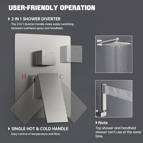Brushed Nickel 10 Inch Square Wall Mounted Shower System Featuring Rainfall Head, Handheld Spray, And 2-In-1 Diverter With
Brushed Nickel 10 Inch Square Wall Mounted Shower System Featuring Rainfall Head, Handheld Spray, And 2-In-1 Diverter With
