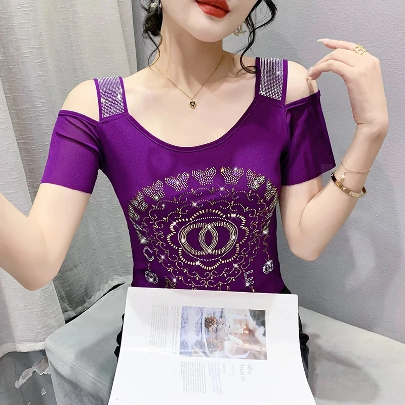 2025 Summer European Clothes T-Shirt Women's High Quality Sexy Off Shoulder Shiny Diamonds Mesh Tees Elegant Casual Tops Blouse
2025 Summer European Clothes T-Shirt Women's High Quality Sexy Off Shoulder Shiny Diamonds Mesh Tees Elegant Casual Tops Blouse