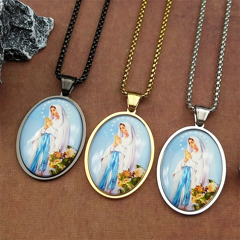 Virgin Mary Glass Oval Medal Pendant Necklace for Women Men Stainless Steel Gold Silver Color Catholic Amulet Jewelry Gift 
Virgin Mary Glass Oval Medal Pendant Necklace for Women Men Stainless Steel Gold Silver Color Catholic Amulet Jewelry Gift