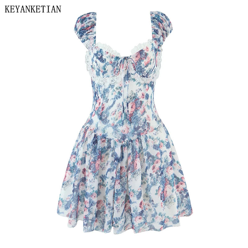 KEYANKETIAN 2025 Summer New Women's Flower Print Mini Dress Holiday wind Lace Decoration Square Collar Short Sleeve Slim Dresses
KEYANKETIAN 2025 Summer New Women's Flower Print Mini Dress Holiday wind Lace Decoration Square Collar Short Sleeve Slim Dresses