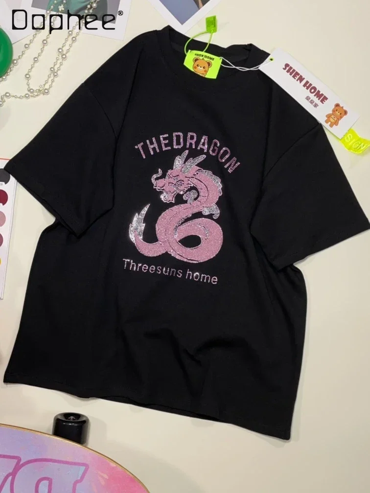 Fashion Rhinestone Dragon Pattern Loose Short-Sleeve T-shirt Female 2024 Spring and Summer New Cartoon Women Clothing Tops
Fashion Rhinestone Dragon Pattern Loose Short-Sleeve T-shirt Female 2024 Spring and Summer New Cartoon Women Clothing Tops