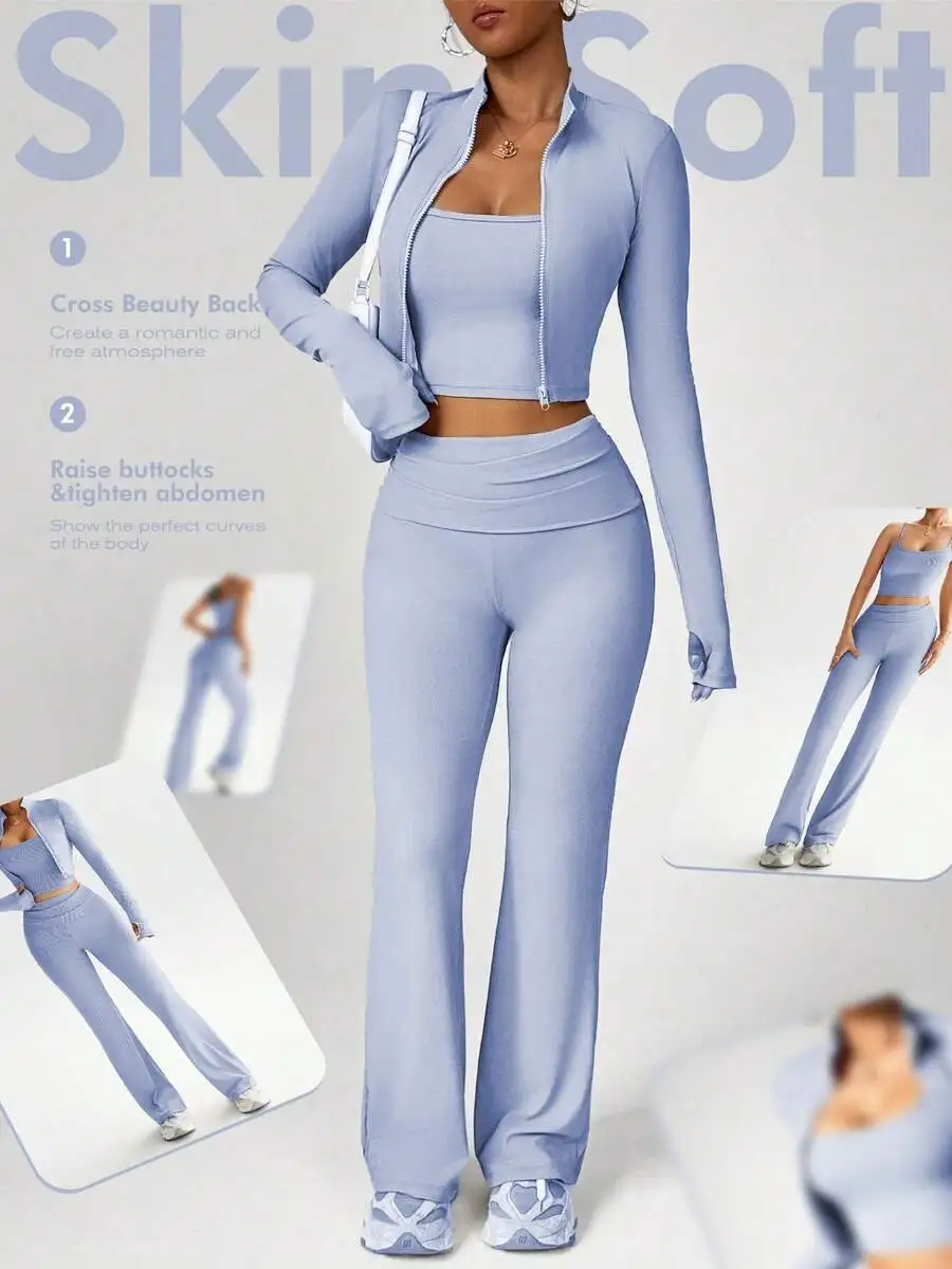 Womens 3-Piece Yoga Set U-Neck Crop Top High Neck Long Sleeve Jacket Tummy Control Leggings
Womens 3-Piece Yoga Set U-Neck Crop Top High Neck Long Sleeve Jacket Tummy Control Leggings