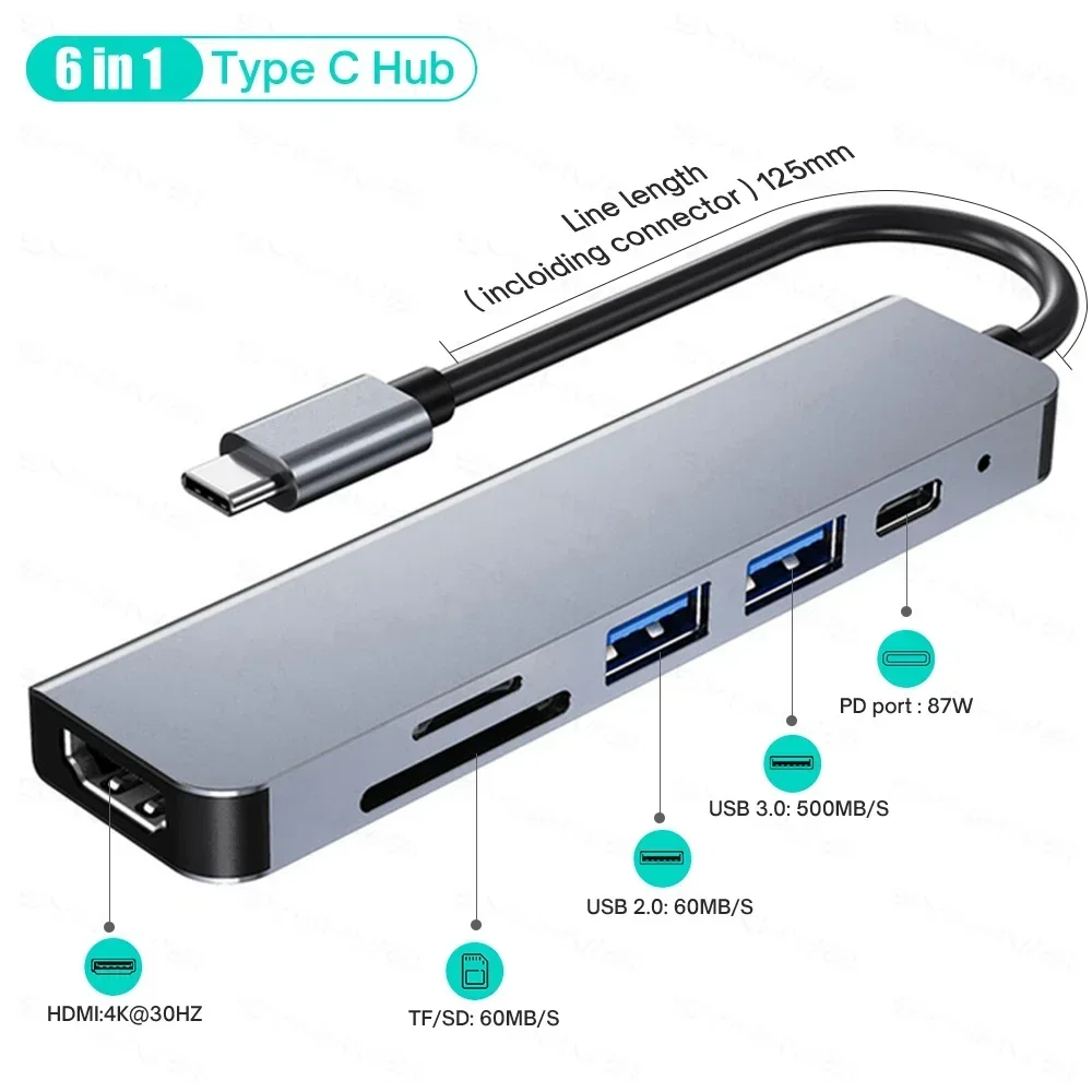 6 IN 1 Type C HUB With 4K HDTV PD87W USB C HUB Type C Splitter For Pro Multi Converter USB3.0 TF SD
6 IN 1 Type C HUB With 4K HDTV PD87W USB C HUB Type C Splitter For Pro Multi Converter USB3.0 TF SD
