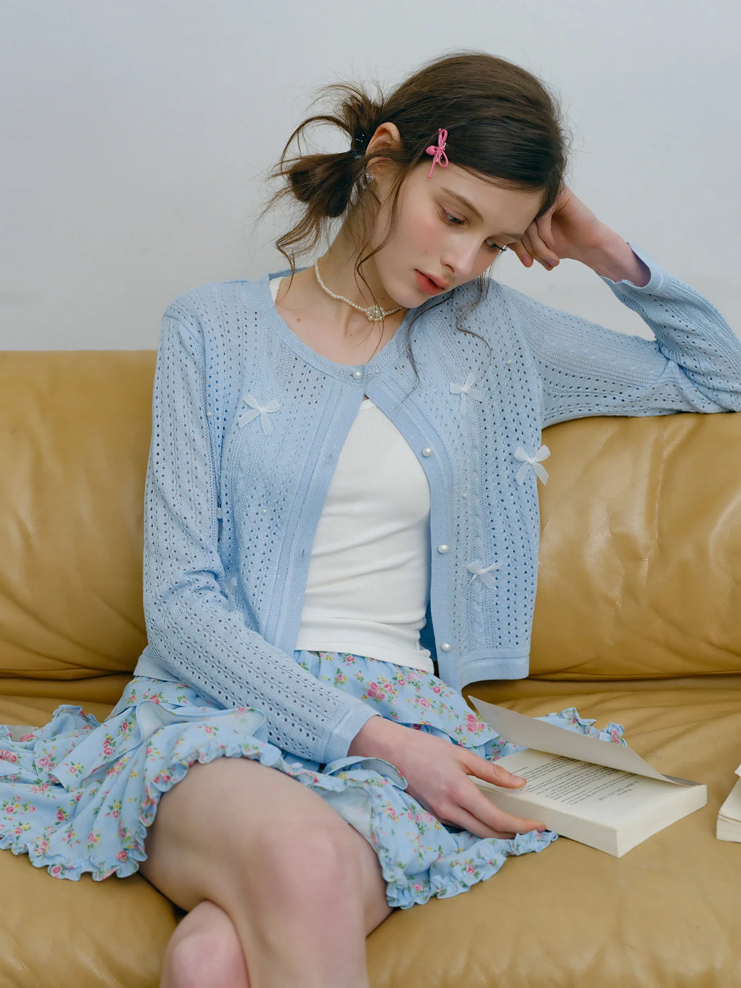 Spring Summer 2026 Blue Long Sleeve Sun Protection Knitted Open Cardigan Women's Embellished Knot Hollow out Top
Spring Summer 2026 Blue Long Sleeve Sun Protection Knitted Open Cardigan Women's Embellished Knot Hollow out Top