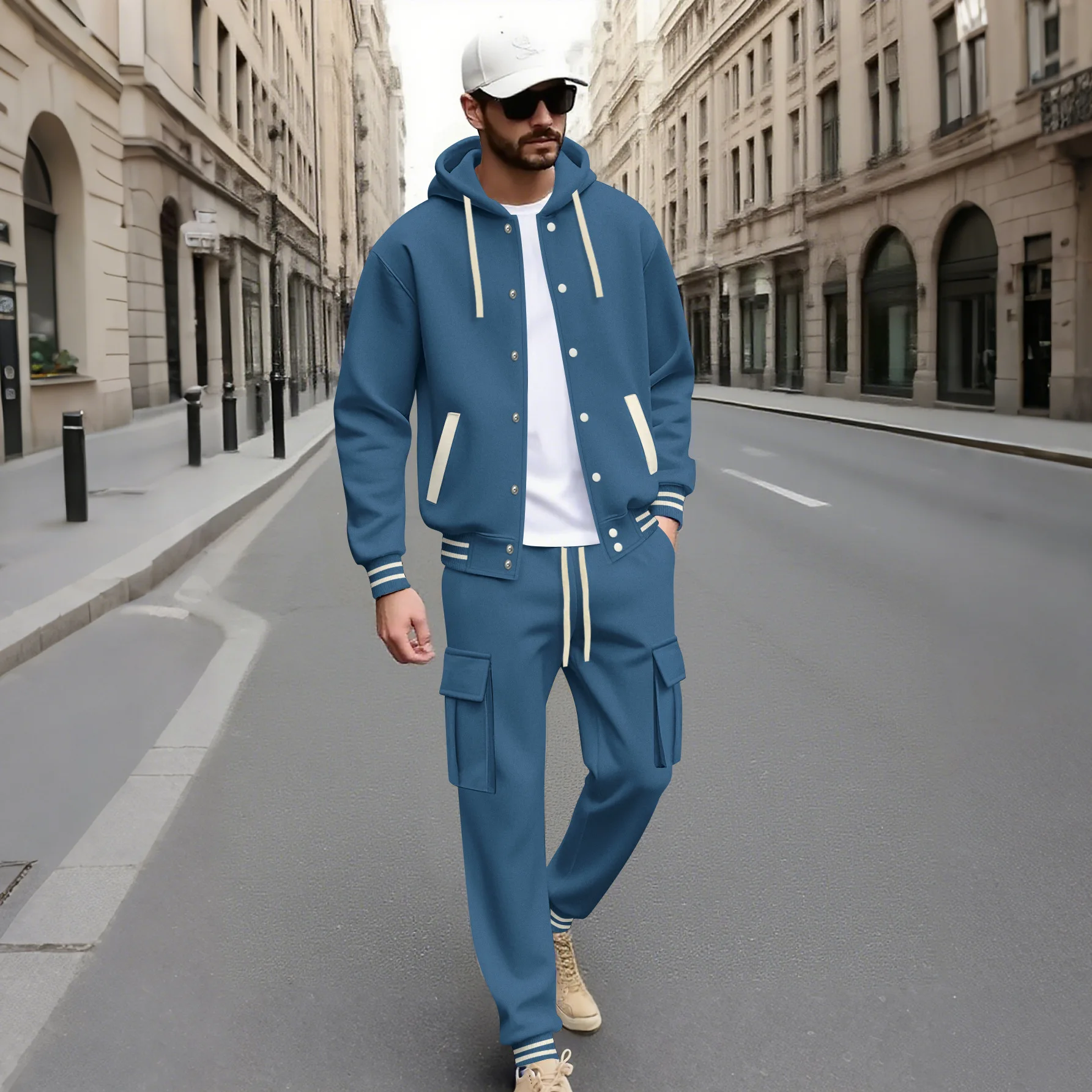 New men's casual hooded sweatshirt set, with a hooded collar top and cargo pants. Striped cuffs for a street style sportswear.
New men's casual hooded sweatshirt set, with a hooded collar top and cargo pants. Striped cuffs for a street style sportswear.