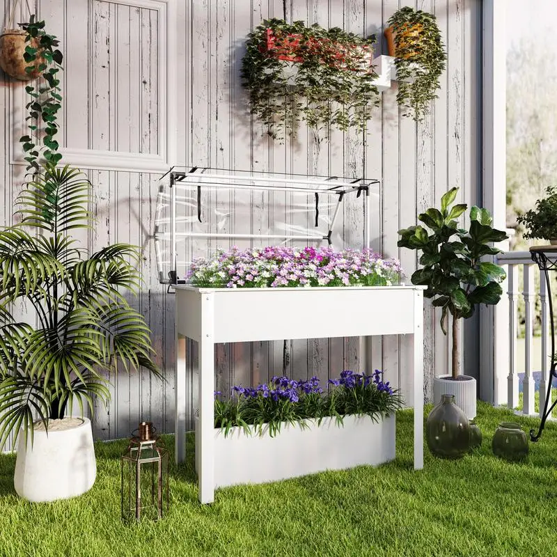 Elevated Garden Box with Greenhouse Cover, Raised Garden Bed with Legs and Drainage Hole for Vegetables, White
Elevated Garden Box with Greenhouse Cover, Raised Garden Bed with Legs and Drainage Hole for Vegetables, White