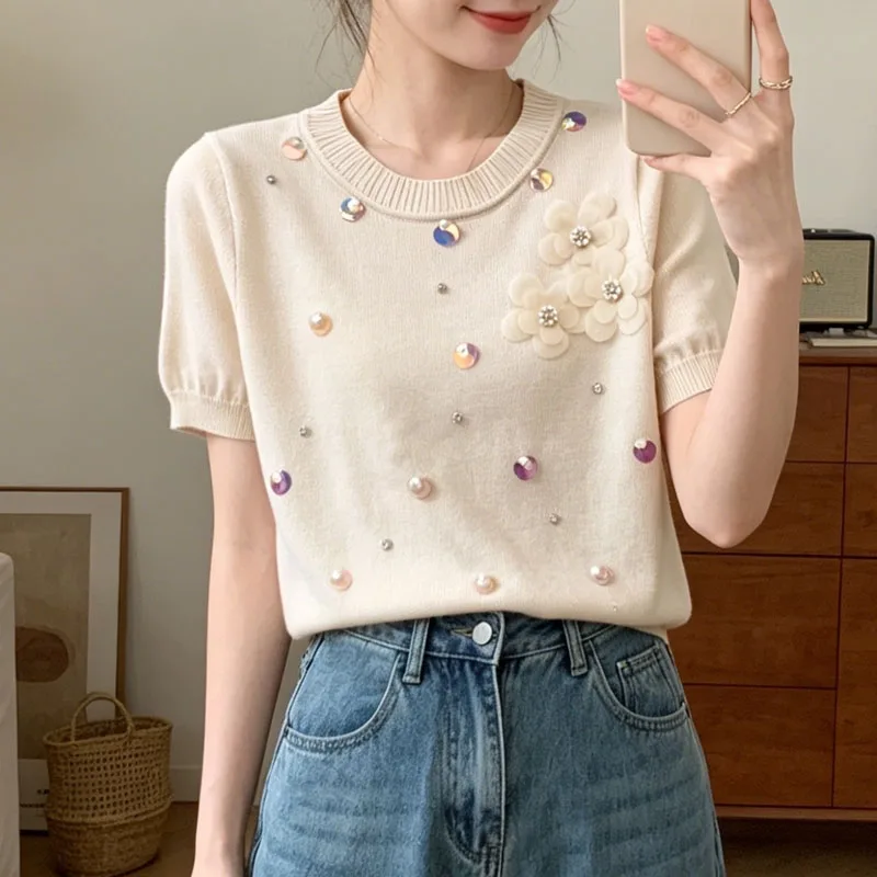 Sueters De Mujer Short Sleeve Knitted Sweater Women Pullovers Summer New O-Neck Beading Knit Sweater Pullover Women Tops Q4806
Sueters De Mujer Short Sleeve Knitted Sweater Women Pullovers Summer New O-Neck Beading Knit Sweater Pullover Women Tops Q4806
