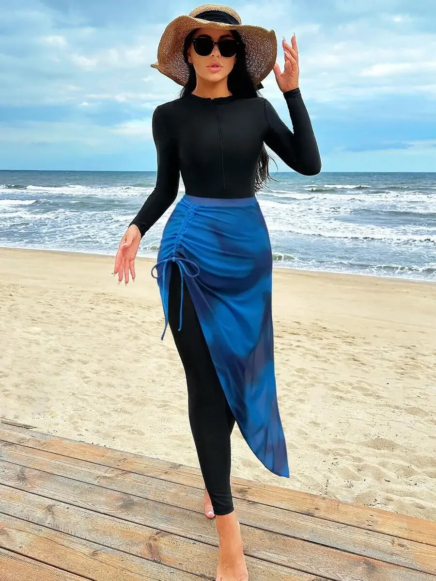 Women Long Sleeve Fitted Swimsuit With Blue Skirt Cover Up Summer Beach Set
Women Long Sleeve Fitted Swimsuit With Blue Skirt Cover Up Summer Beach Set