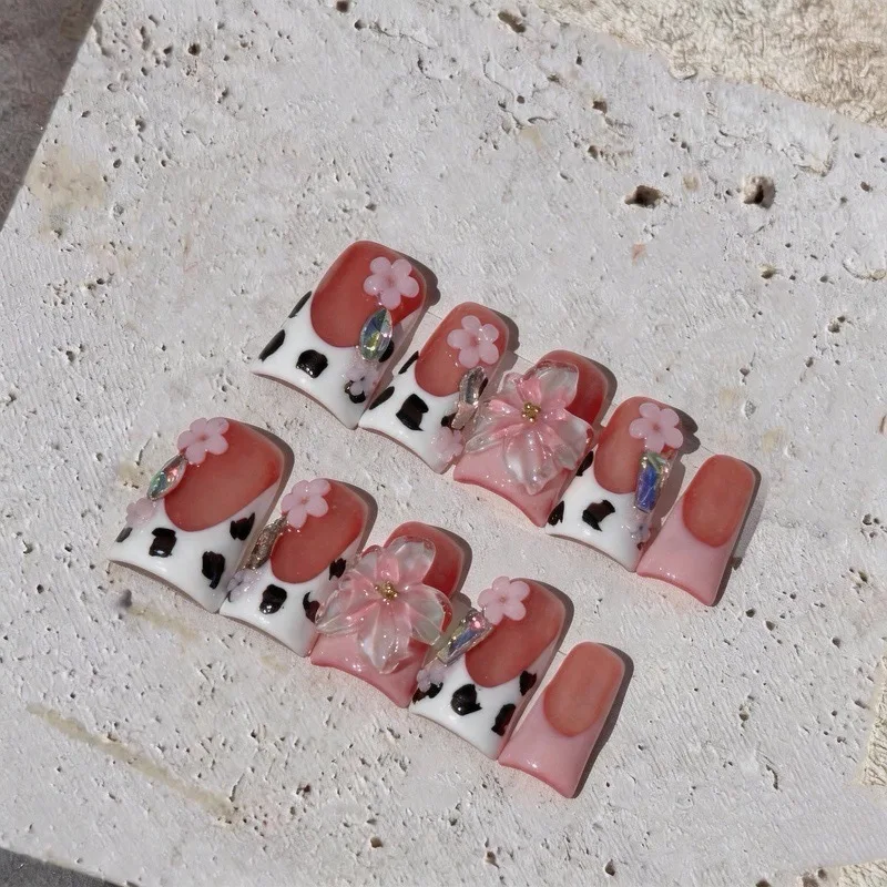10Pcs Duckbill Handmade Acrylic Nails Pink 3D Flowers Press on Nail Cow Print Design French Wearable Fanshion False Nail Tips
10Pcs Duckbill Handmade Acrylic Nails Pink 3D Flowers Press on Nail Cow Print Design French Wearable Fanshion False Nail Tips