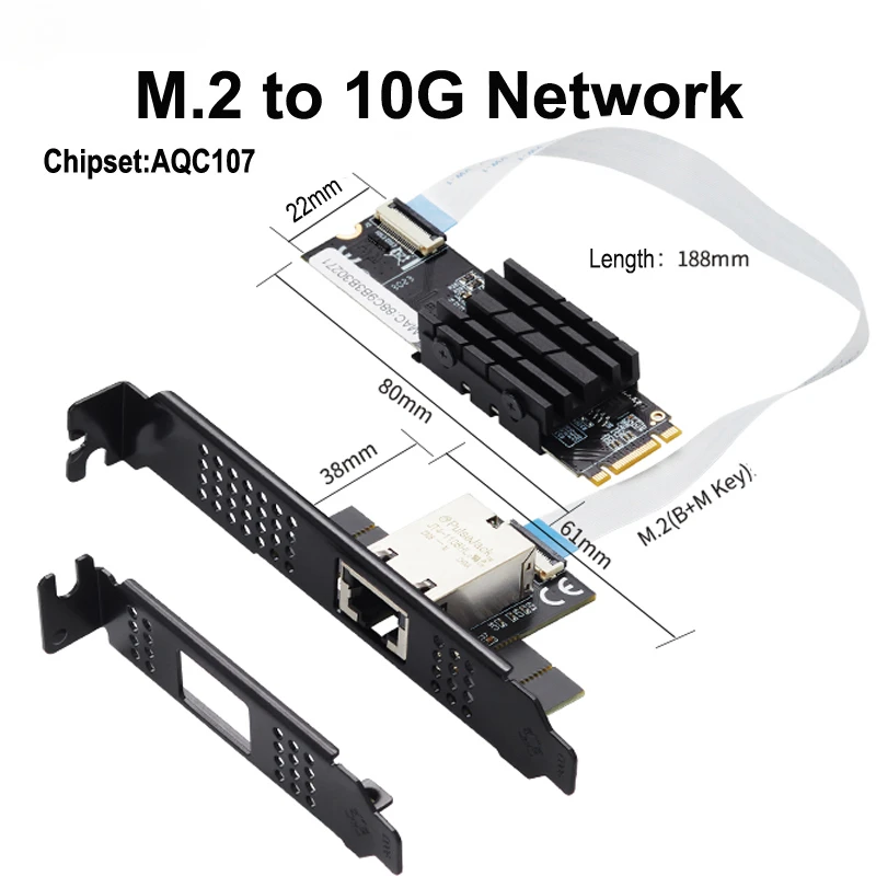 M.2 to Single Port 10 Gbase Ethernet Gigabit Nic B Key M Key 10G/2.5G/1000M RJ45 Lan Network Adapter Card AQC107 Chip
M.2 to Single Port 10 Gbase Ethernet Gigabit Nic B Key M Key 10G/2.5G/1000M RJ45 Lan Network Adapter Card AQC107 Chip