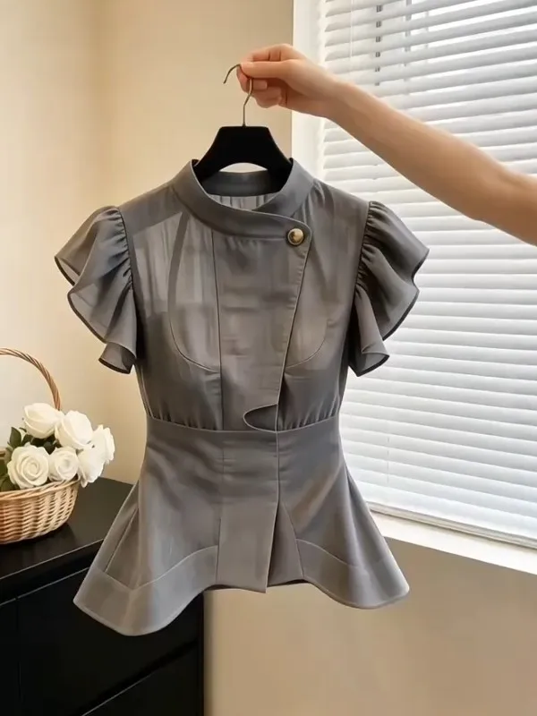 Elegant Grey Shirt Women's Slim Fit Waist-Cinching Design High-End Fashion Top French Style round Neck Short Sleeve Breathable
Elegant Grey Shirt Women's Slim Fit Waist-Cinching Design High-End Fashion Top French Style round Neck Short Sleeve Breathable