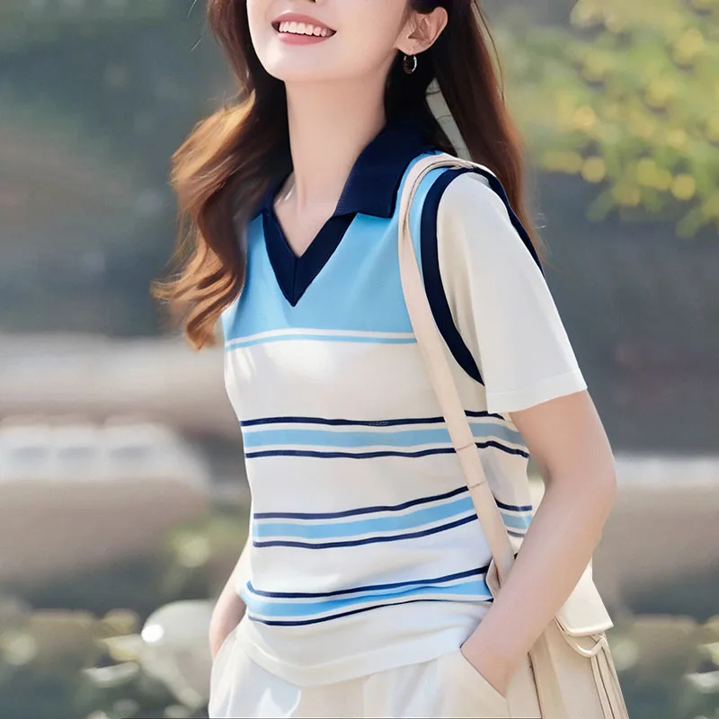 Женская одежда, свободная футболка в полоску, новая летняя повседневная лоскутная футболка с короткими рукавами, женский универсальный пуловер с отложным воротником, топ
Женская одежда, свободная футболка в полоску, новая летняя повседневная лоскутная футболка с короткими рукавами, женский универсальный пуловер с отложным воротником, топ