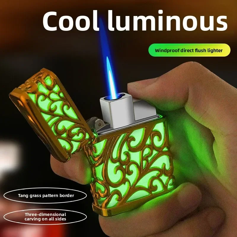 Креативная персонализированная светящаяся в темноте арабесковая турбинная фонарь, бутановая газовая зажигалка, уличная ветрозащитная зажигалка с 3D цветочным узором