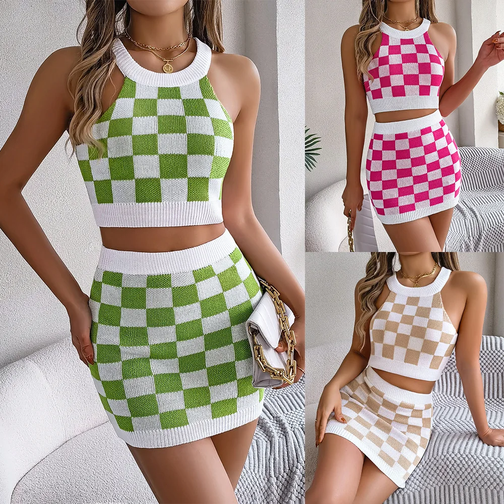 2025 Summer Women's Clothing Set Contrast Plaid Ladies Hanging Neck Top Women's Slim Fit Skirt Women's New In Matching Sets
2025 Summer Women's Clothing Set Contrast Plaid Ladies Hanging Neck Top Women's Slim Fit Skirt Women's New In Matching Sets