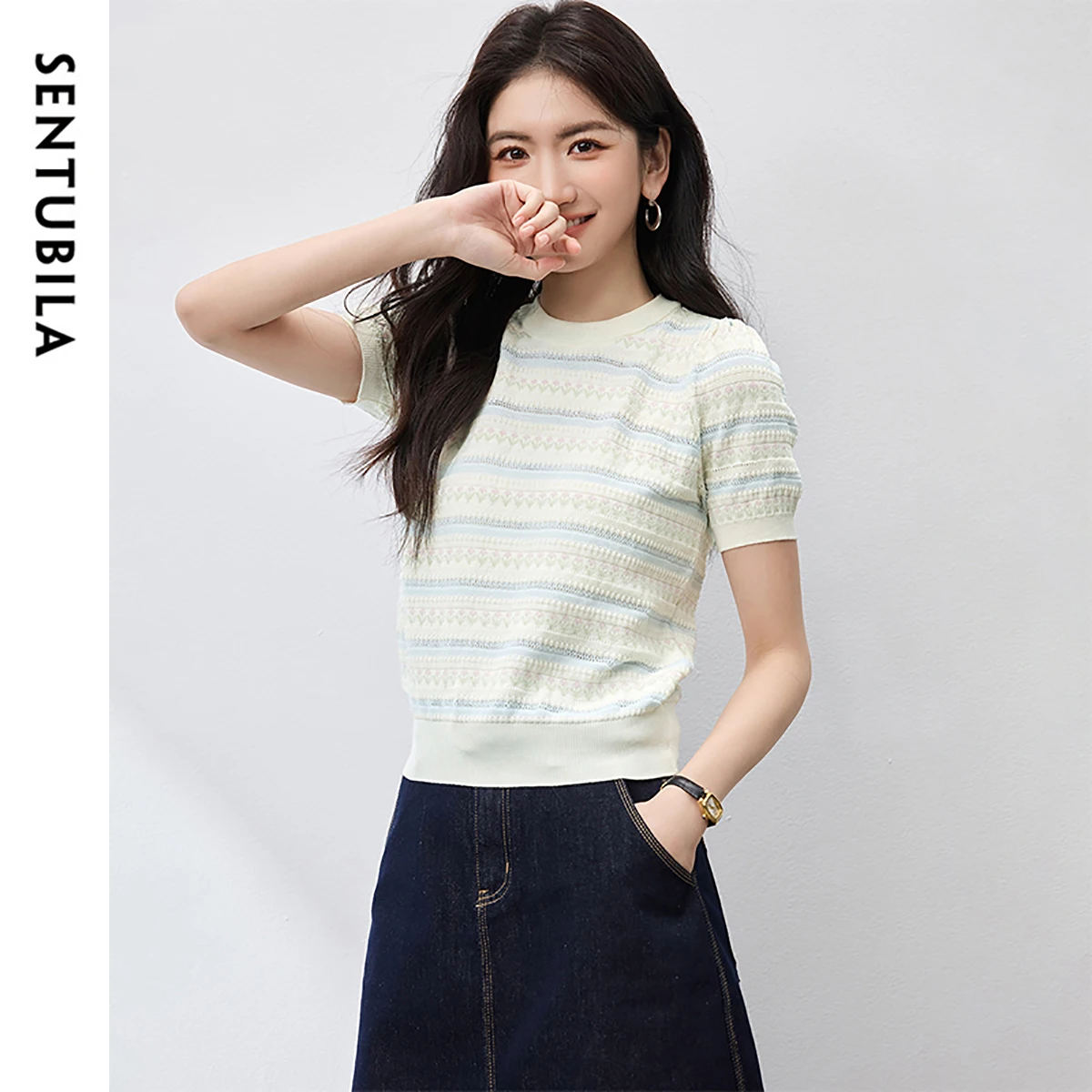 SENTUBILA Spliced Striped Womens T-shirt 2025 Spring Summer Butterfly Sleeve Crewneck Knitted Cropped Piullover Tops W52H80567
SENTUBILA Spliced Striped Womens T-shirt 2025 Spring Summer Butterfly Sleeve Crewneck Knitted Cropped Piullover Tops W52H80567