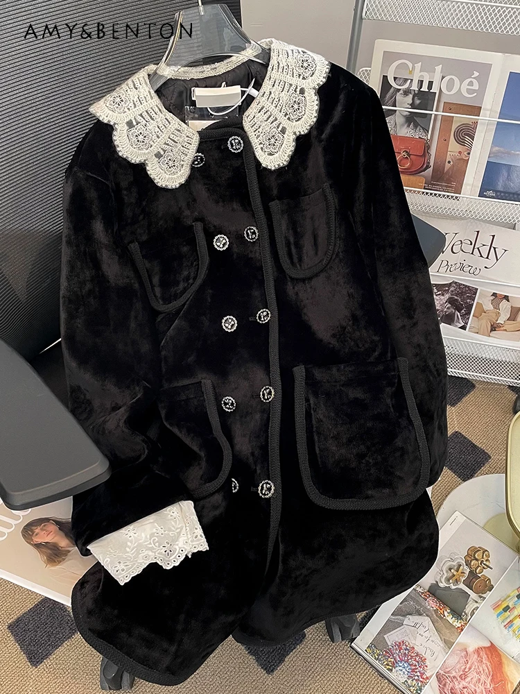 Winter New Sweet Doll Collar Temperament Coat Women High-Grade Vintage Lace Stitching Double-Breasted Slim Midi Thicken Jackets
Winter New Sweet Doll Collar Temperament Coat Women High-Grade Vintage Lace Stitching Double-Breasted Slim Midi Thicken Jackets