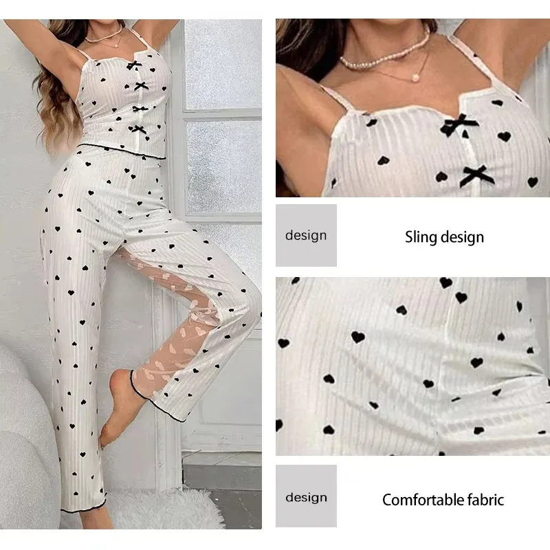 2-Piece Women's Sexy Transparent Mesh Lace Set with Ribbed Printed Strap Top and Pants Home Clothes Pajama Set
2-Piece Women's Sexy Transparent Mesh Lace Set with Ribbed Printed Strap Top and Pants Home Clothes Pajama Set