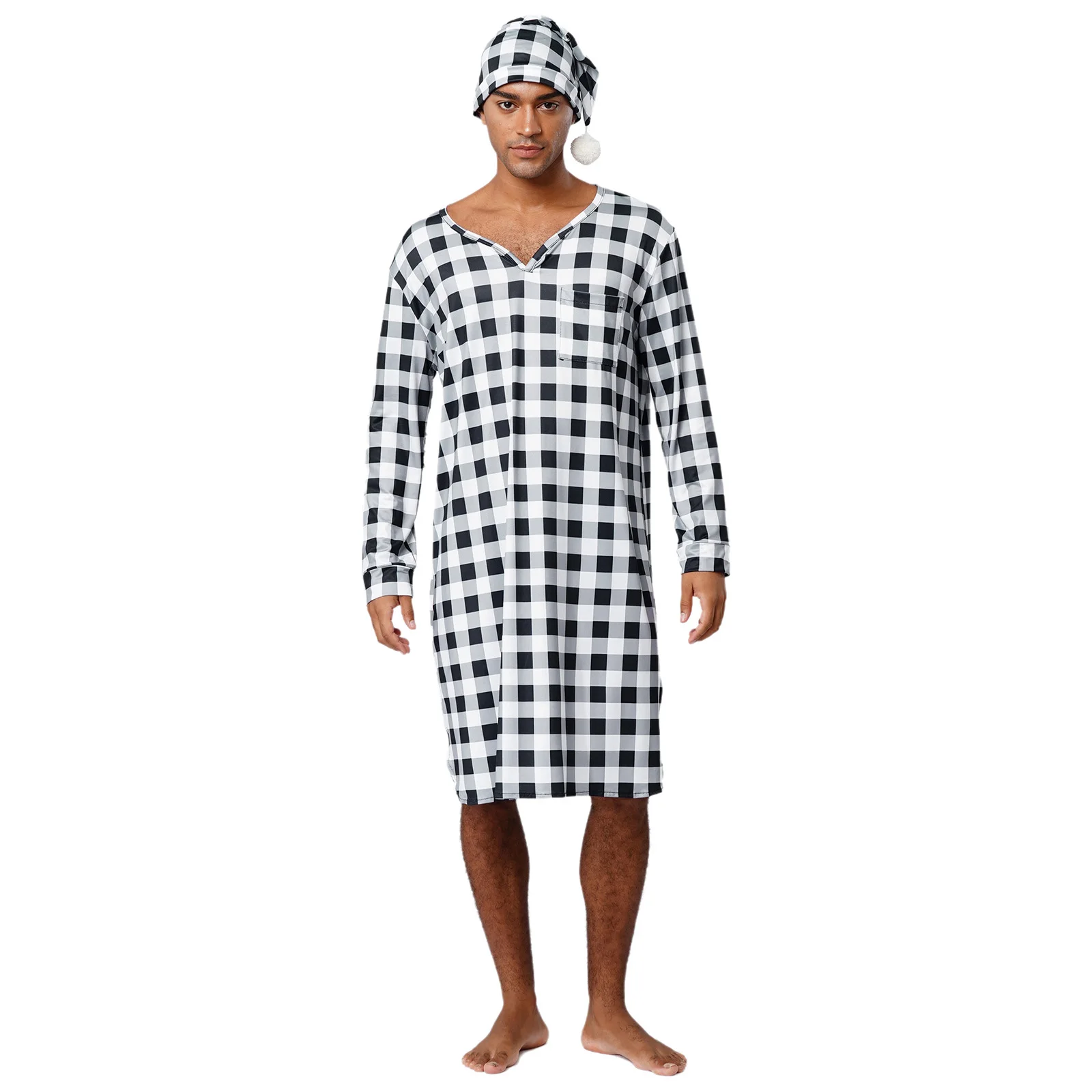 Men's Checked Loose Sleep Dress with Hat Long Sleeve Pocket Plaid Pajama Robe Nightgown Homewear Christmas Eve Gathering Costume
Men's Checked Loose Sleep Dress with Hat Long Sleeve Pocket Plaid Pajama Robe Nightgown Homewear Christmas Eve Gathering Costume