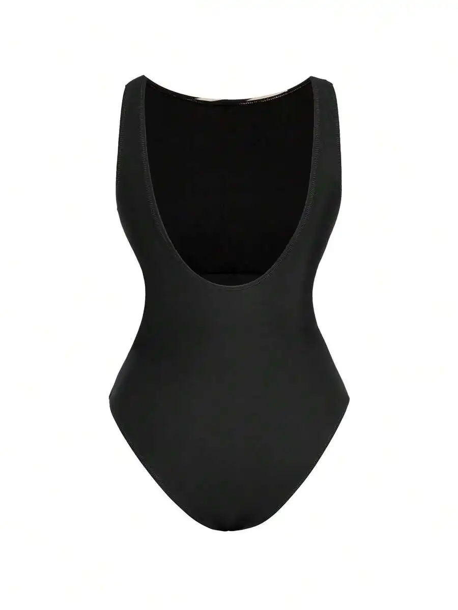 Womens Solid Black Racerback One-Piece Swimsuit For Beach Vacation
Womens Solid Black Racerback One-Piece Swimsuit For Beach Vacation