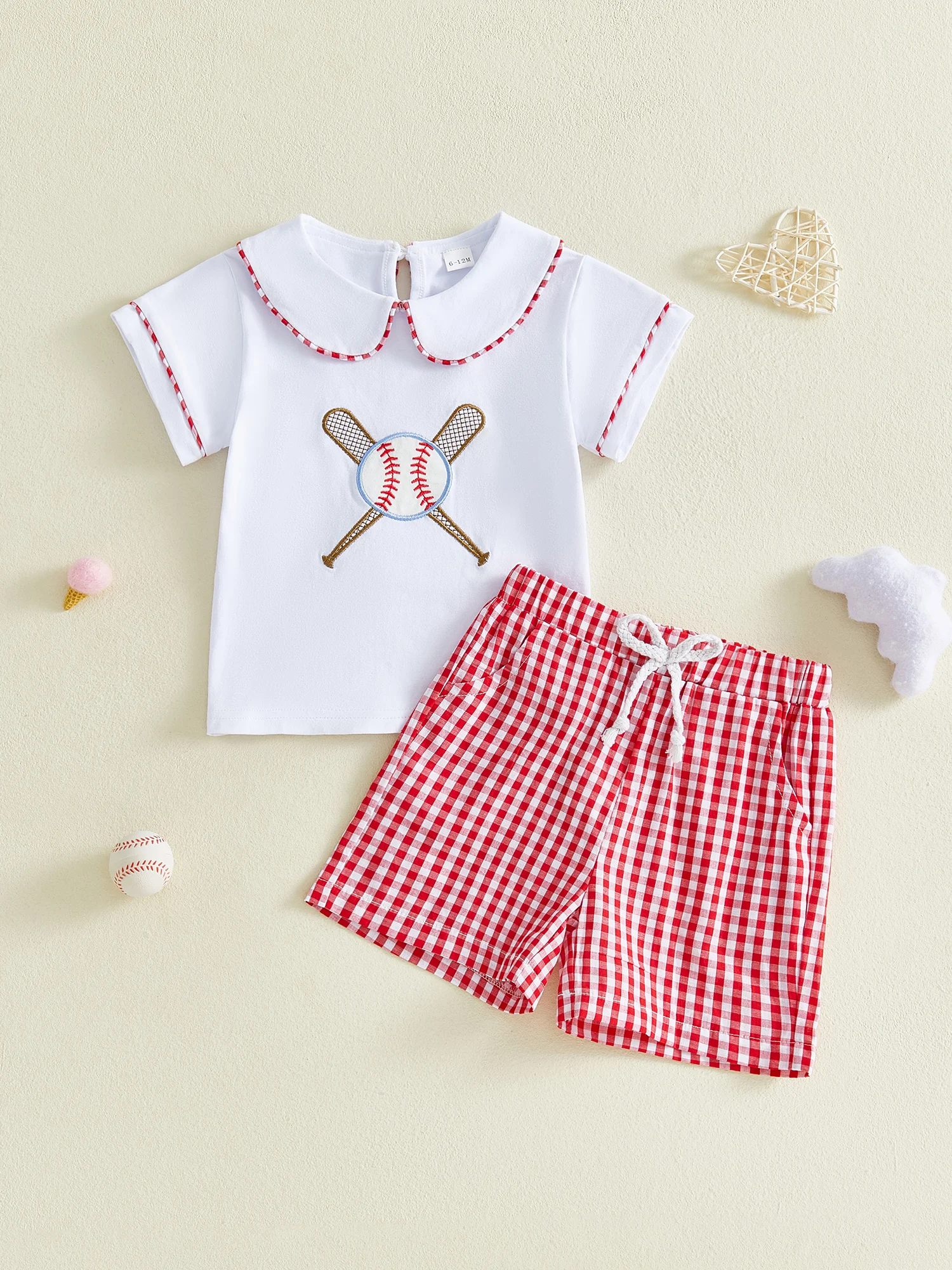 Adorable Infant Boy Baseball Embroidered Doll Collar Tee and Plaid Shorts Set for Summer Fun - 2 Piece Outfit
Adorable Infant Boy Baseball Embroidered Doll Collar Tee and Plaid Shorts Set for Summer Fun - 2 Piece Outfit