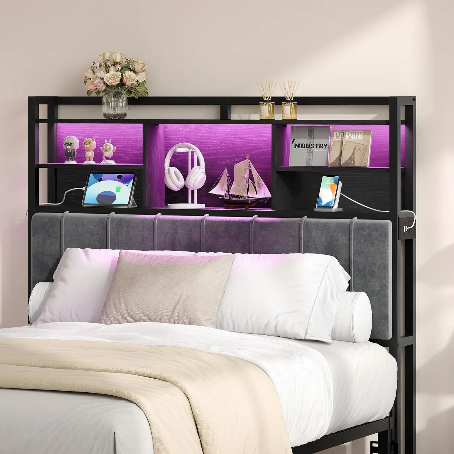 Headboard with 3-Tier Storage Shelves, Velvet Upholstered Head Board with 2 Outlets, USB Ports & LED Light, Soft, Customized
Headboard with 3-Tier Storage Shelves, Velvet Upholstered Head Board with 2 Outlets, USB Ports & LED Light, Soft, Customized