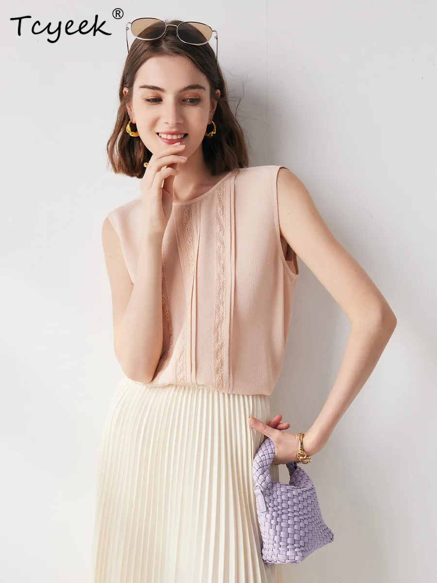 Tcyeek, 6A 100%Real Silk Elegant Shirt, Women Sleeveless Round Neck Lace, Commute OL Fashion Blouses, Summer Autumn T47529QM
Tcyeek, 6A 100%Real Silk Elegant Shirt, Women Sleeveless Round Neck Lace, Commute OL Fashion Blouses, Summer Autumn T47529QM