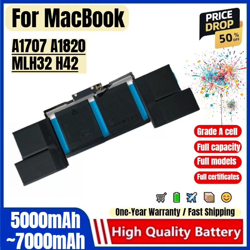 For MacBook Pro A1707 A1820 MLH32 H42 Laptop Battery 0 cycle high quality high capacity battery replacement Bateria Grade A cell
For MacBook Pro A1707 A1820 MLH32 H42 Laptop Battery 0 cycle high quality high capacity battery replacement Bateria Grade A cell