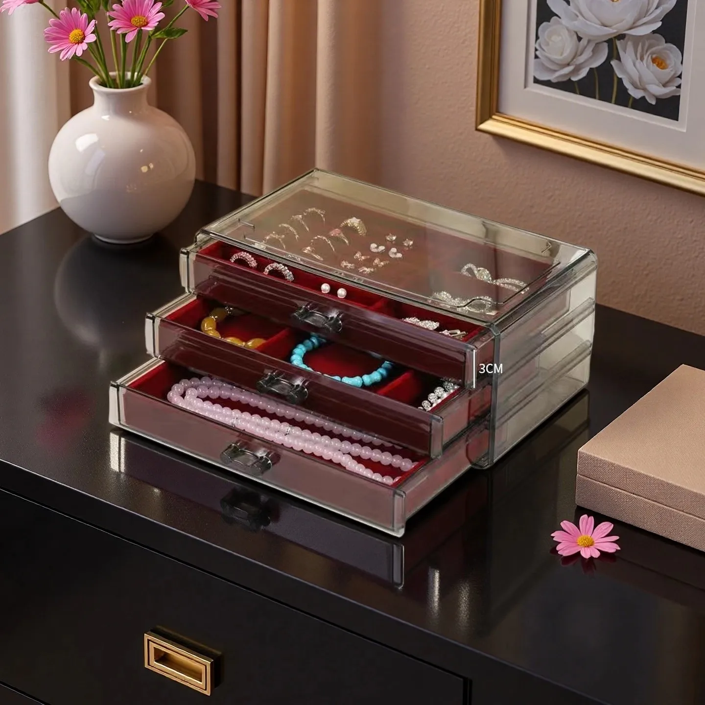 Multi-layer drawer-style jewelry box for rings, earrings, necklaces, and other accessories 
Multi-layer drawer-style jewelry box for rings, earrings, necklaces, and other accessories
