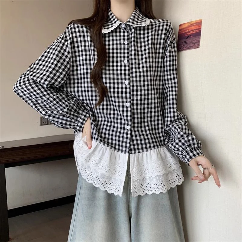 Lace Patchwork Women Shirt Fall Sweet Peter Pan Collar Korean Plaid Blouse Simple Loose Long Sleeve Preppy Button Female Tops
Lace Patchwork Women Shirt Fall Sweet Peter Pan Collar Korean Plaid Blouse Simple Loose Long Sleeve Preppy Button Female Tops