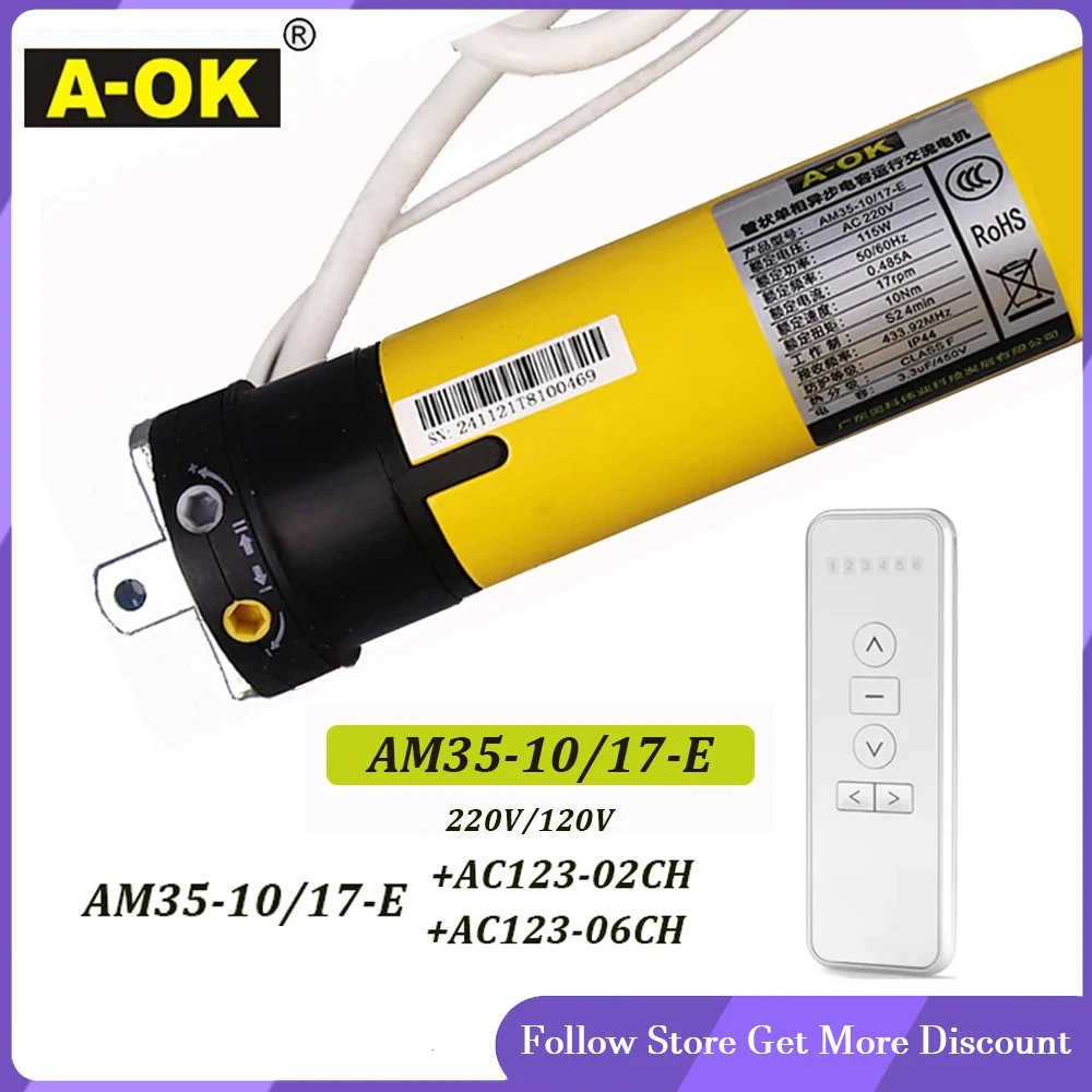 A-OK AM35 10/17 230V/120V Rolling Tubular Motor with RF433 Remote Control for Various Tube Sizes Compatible with Rolling Blinds
A-OK AM35 10/17 230V/120V Rolling Tubular Motor with RF433 Remote Control for Various Tube Sizes Compatible with Rolling Blinds