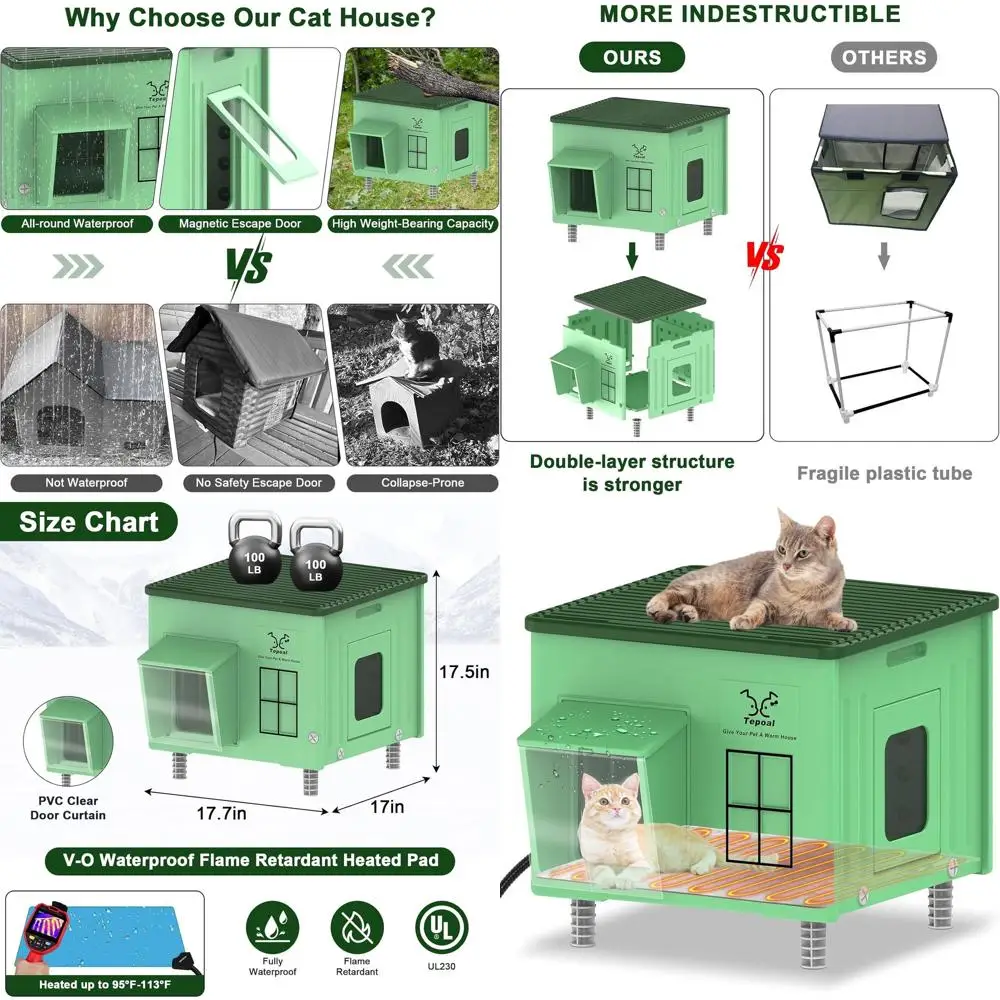 Укрытое укрытие для кошек с подогревом и люками для побега, 17,7x17x17,5 зеленое, для ферлов и бродячих кошек
Укрытое укрытие для кошек с подогревом и люками для побега, 17,7x17x17,5 зеленое, для ферлов и бродячих кошек