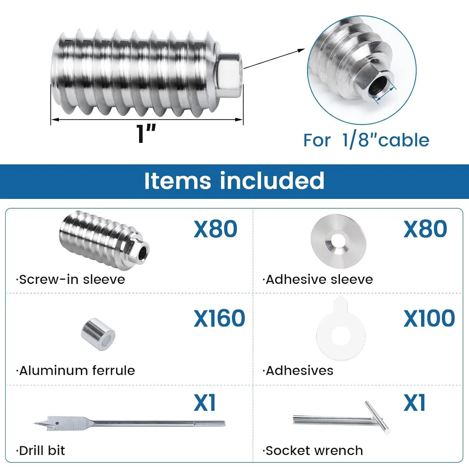 80 Pack 1/8" Invisible Cable Railing Kit Hardware Swage Lag Screw Hidden for 4x4 6x6 8x8 Wood Posts T316 Stainless Steel
80 Pack 1/8" Invisible Cable Railing Kit Hardware Swage Lag Screw Hidden for 4x4 6x6 8x8 Wood Posts T316 Stainless Steel