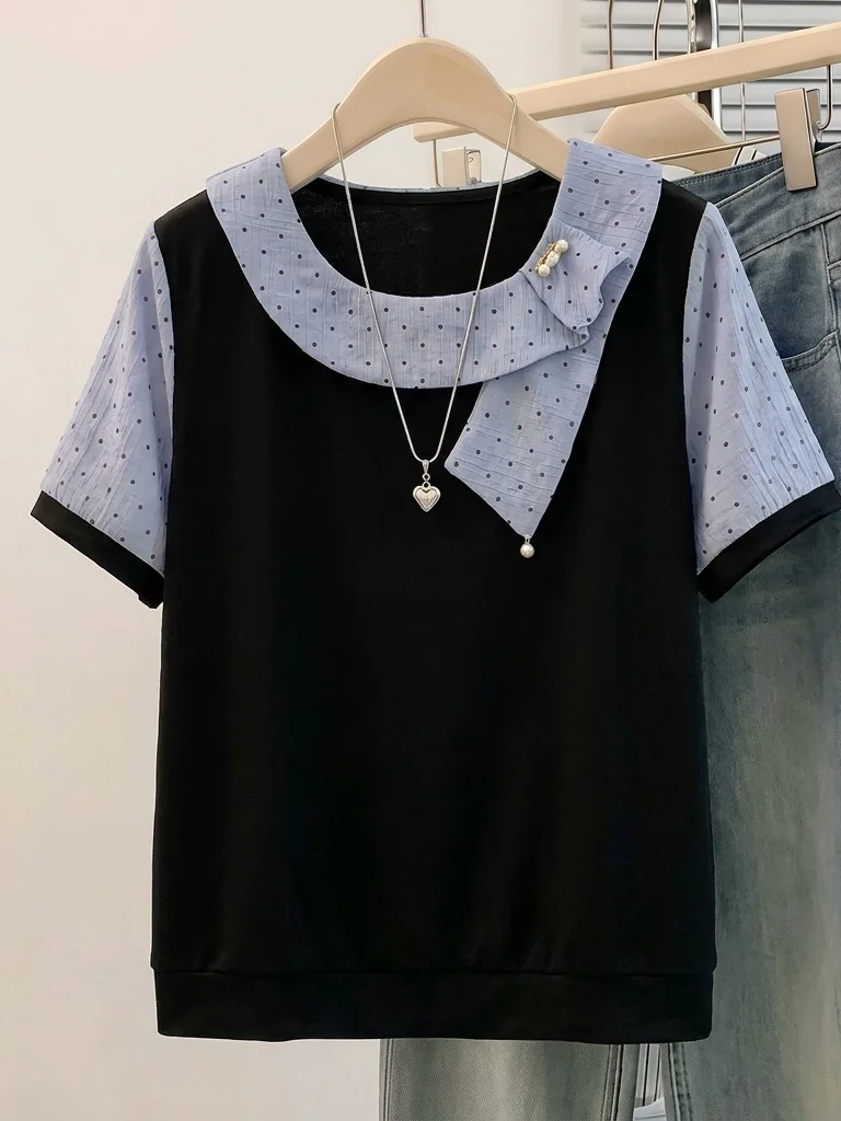 Polka Dot Splice Short Sleeve Shirt Women's Summer New plus Size Slimming Stylish Age Reduction Top Korean Style Commute Wind
Polka Dot Splice Short Sleeve Shirt Women's Summer New plus Size Slimming Stylish Age Reduction Top Korean Style Commute Wind