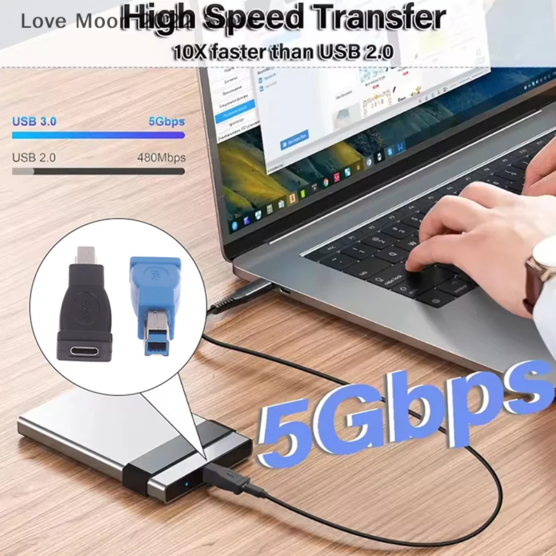 Высокоскоростной адаптер передачи типа C 3.0 «мама» на USB 3.0 B «папа»; для подключения принтеров, сканеров и внешних жестких дисков 
Высокоскоростной адаптер передачи типа C 3.0 «мама» на USB 3.0 B «папа»; для подключения принтеров, сканеров и внешних жестких дисков