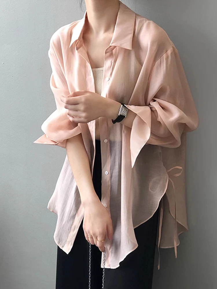 Pink Ice Silk Chiffon Women's Summer Lightweight Casual Shirt Sun Protection Side Slit Tied Open Cardigan Cover up Top
Pink Ice Silk Chiffon Women's Summer Lightweight Casual Shirt Sun Protection Side Slit Tied Open Cardigan Cover up Top