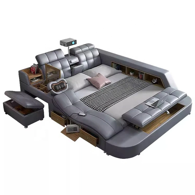 Modern luxury smart bed, multi-function king leather bed, wooden frame with storage dresser and headrest massage function
Modern luxury smart bed, multi-function king leather bed, wooden frame with storage dresser and headrest massage function