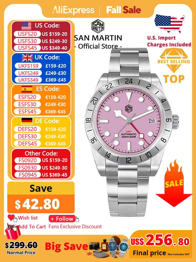San Martin розовый циферблат BB GMT NH34 39 мм классические роскошные деловые мужские часы автоматические механические сапфировые водонепроницаемые Relojes SN0054
San Martin розовый циферблат BB GMT NH34 39 мм классические роскошные деловые мужские часы автоматические механические сапфировые водонепроницаемые Relojes SN0054