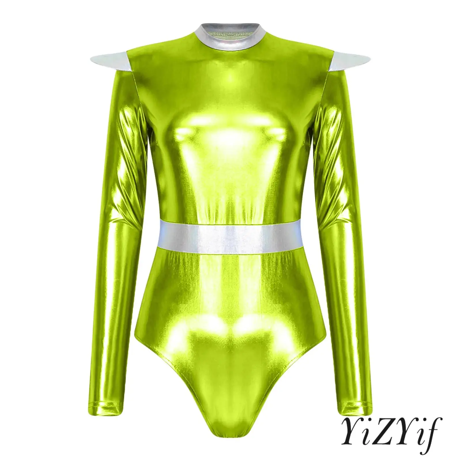 Women Alien Cosplay Costume Color Block Metallic Bodysuit Mock Neck Long Sleeve Invisible Zipper Back Leotard for Stage Show
Women Alien Cosplay Costume Color Block Metallic Bodysuit Mock Neck Long Sleeve Invisible Zipper Back Leotard for Stage Show