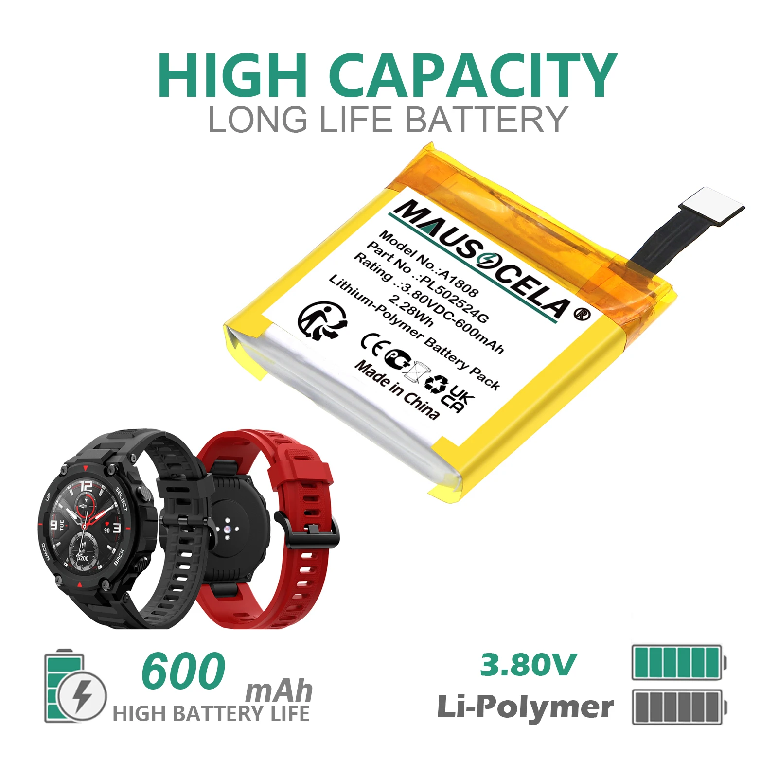 600mAh Smartwatch Battery For Amazfit:PL502524G,PL502524V,PL512524G,A1918,A1808,A1818,A1807 Nexus,GTR47,T-rex Verge Lite,A1811,
600mAh Smartwatch Battery For Amazfit:PL502524G,PL502524V,PL512524G,A1918,A1808,A1818,A1807 Nexus,GTR47,T-rex Verge Lite,A1811,