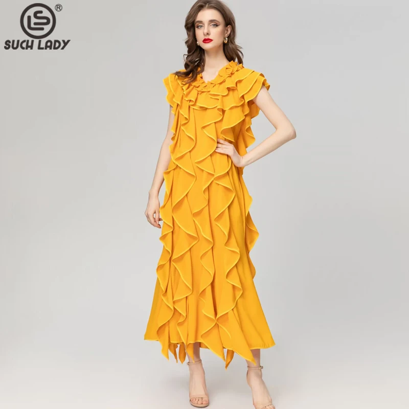 Women's Runway Dresses V Neck Striped Ruffles Elegant Fashion High Street Designer Vestidos
Women's Runway Dresses V Neck Striped Ruffles Elegant Fashion High Street Designer Vestidos